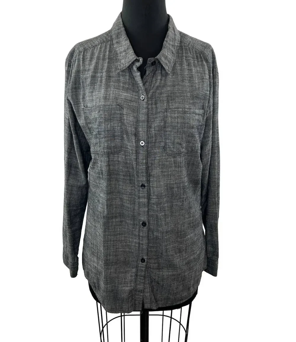 FREE PEOPLE Gray Cotton Long Sleeve Button Down Laser Cut Back Blouse Size L